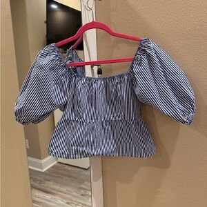 Navy Striped Puff Sleeve Blouse